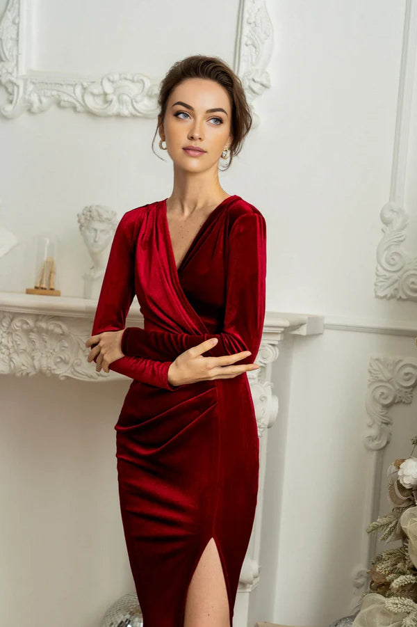 Luolandi Velvet Split Bodycon Long Sleeve Bridesmaid Dress Wedding Guest Dress Winter Christmas Cocktail Dress Elegant